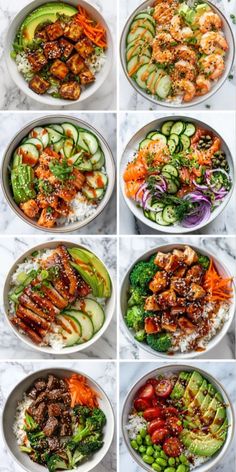 six different bowls filled with food on top of a table