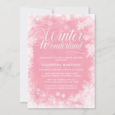 pink and white winter wonderland wedding card