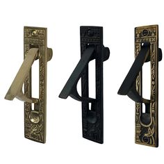 three different styles of door handles and pulls