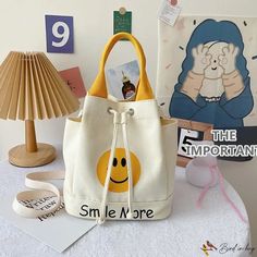 Bird in Bag - Canvas bucket bag bag women's bag new smiley face print drawstring handheld shoulder crossbody bag student bag Smiley Face Print, Canvas Bucket Bag, Face Print, Student Bag, Street Trends, Printed Drawstring, Sewing Thread, Bird In Bag, Bag Bag