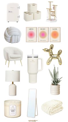 a collage of white furniture and accessories including candles, towels, vases, mirror, soap dispenser