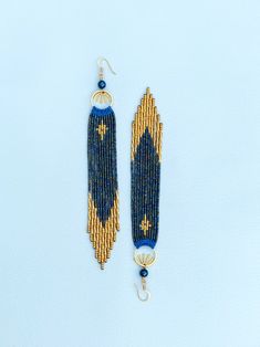 Night Blue and Gold Statement Beaded Fringe Earrings Made of | Etsy Beads Colors, Beaded Fringe Earrings, Bohemian Chic Fashion, Night Blue, French Designer, Micro Macrame, Beaded Fringe, Macrame Jewelry, Fringe Earrings