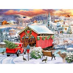 a painting of a christmas scene with an old red truck and deer in the snow