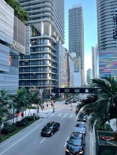 cars are driving down the street in front of tall buildings and palm trees on either side