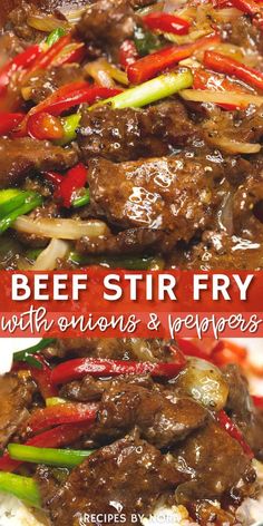 beef stir fry with onions and peppers on a plate