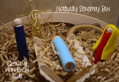 a close up of toys in a box with wood shavings