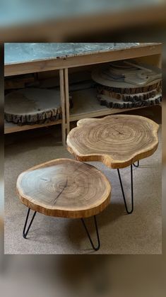 two wooden tables with hairpin legs in a room