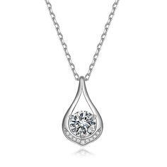 Dewdrop represents elegance and beauty, with a mix of polished gold ribbon and brilliance from the stones, this pendant is a perfect gift. Moissanite brings you the same amount of brilliance and fire as diamond and you'll never get tired of seeing them sparkle from every angle! Made with 14k solid white gold plated sterling silver, one carat round moissanite stone, and small cubic zirconia stones. Chain Length: 16+2 inches chain with lobster clasp Diameter: 6.5mm/ Color D-E / Clarity VVS1 Elegant Teardrop Drop Necklace For Anniversary, Diamond White Teardrop Pendant Drop Necklace For Formal Occasions, Diamond White Teardrop Pendant Drop Necklace For Formal Events, Formal Diamond White Teardrop Pendant Drop Necklace, Formal Drop Necklace With Diamond Accents And Teardrop Pendant, Elegant Teardrop Pendant Solitaire Necklace For Anniversary, Elegant Teardrop Solitaire Necklace For Anniversary, Diamond Drop Necklace With Elegant Design, Elegant Teardrop Sterling Silver Necklace