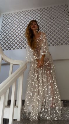 Fairytale Ethereal Dream Elegant Modern Long Sleeve Wedding Dress with Stars – Boom Blush Wedding Dress With Stars, Crazy Clothes, Dress With Stars, Boho Wedding Dress With Sleeves, Bohemian Gown, Sparkle Stars, Brittany Snow, Glow Stars, Counting Stars