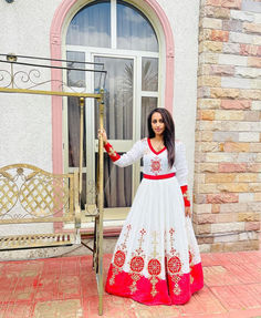 Get ready to turn heads with our mesmerizing red design Habesha dress. Handwoven with care using lightweight Menen fabric, this dress captures attention with its vibrant color and intricate patterns. The rich red hue, symbolic of beauty and passion, beautifully complements the overall design. Red Floor-length Kurta With Pallu, Traditional Red Maxi Dress For Festive Occasions, Traditional Red Maxi Dress For Festive Season, Traditional Red Festive Maxi Dress, Red Anarkali Maxi Dress For Festivals, Traditional Red Embroidered Maxi Dress, Red Cutdana Gown For Eid, Traditional Embroidered Red Maxi Dress, Traditional Red Maxi Dress For Eid