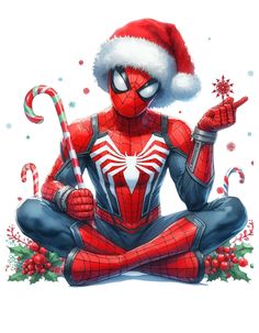 a spider man sitting on the ground wearing a santa hat and holding a candy cane