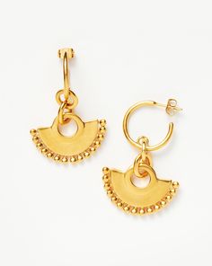 Zenyu Chandelier Hoop Earrings 18ct Gold Plated. The Zenyu Chandelier Hoops Echo Colombia's Rich Artistry and Heritage with a Modern Edge. Bobble-Trimmed Charms are Suspended from Dainty Hoops in a Brushed-Gold Finish. Looks Great Worn Solo or Teamed with Our Gold Chubby Huggies. Metal: 18Ct Gold Plated on Brass Dimensions: 48mm Total Length; Fan Charm 20 X 30 mm Weight: 16. 5 g Pair Selling Earrings, Gold Huggies, Double Chain Bracelet, Fan Necklace, Malachite Necklace, Leaf Bracelet, Ear Stack, Monogrammed Items, On Repeat