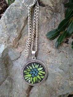 Mosaic Flower Necklace/Green Stained Glass Mosaic Flower Unique Green Flower Pendant Jewelry, Nickel-free Green Flower Pendant Jewelry, Green Bohemian Flower Pendant Jewelry, Nature-inspired Multicolor Round Jewelry, Green Bohemian Flower Shaped Jewelry, Bohemian Green Flower Pendant Jewelry, Green Beaded Flower Pendant Jewelry, Nature-inspired Round Jewelry For Crafting, Green Soldered Round Pendant Jewelry