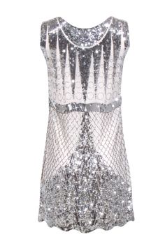 Stun in style with this BCBG Max Azria ivory dress, featuring delicate silver sequin and beaded detailing. Perfect for any occasion, pair with silver sandal heels and a clutch for a flawless and chic look. Size M Shell 100% Silk Lining 100% Polyester Sleeveless Scallop edge hem Bust 37" Waist 36" Shoulder to hem 35.5" Festive Gatsby Style Sequin Dress, White Sleeveless Dress With Contrast Sequin, White Sleeveless Flapper Dress, White Glamorous Flapper Dress For Summer, Glamorous White Flapper Dress For Summer, Elegant Embellished Flapper Dress For Prom, Glamorous Embellished Flapper Dress For Wedding, Glamorous Embellished Flapper Wedding Dress, White Sleeveless Glamorous Flapper Dress