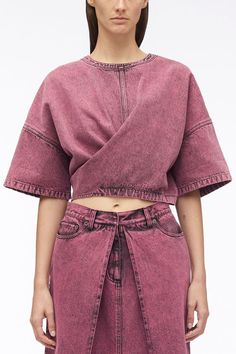 Overdyed Denim Twisted Tie Back Top in pink | On Sale up to 50% Off | 3.1 Phillip Lim Denim Skirt Street Style, Fitted Denim Skirt, Denim Pleated Skirt, Tie Back Top, Phillip Lim, Seasonal Fashion, Denim Top, Pocket Design