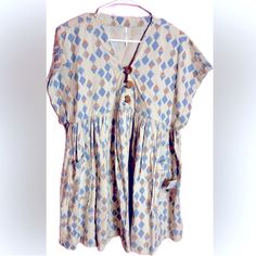 Details: Approximate Measurements: Length: 32.5", Waist: 23"; Short Wide Sleeves & V-Neck; Imported; One Pocket On The Front On Each Side; 3 Large Buttons On The Front; Summer Baby Doll Style Design, Great Over A Bathing Suit For The Beach; Nwts, Never Used Large Buttons, Summer Baby, Wide Sleeves, Free People Dress, Blue Cream, Style Design, Baby Doll, Dresses Xs, Bathing Suit