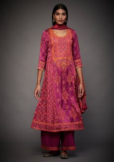 Editor's Note Elevate your style with our purple/multi kashida medium-hand embroidered anantnag kurta, paired with palazzo pants and a dupatta. This ensemble showcases exquisite embroidery, bri... Satin Kurta, Kashida Embroidery, Kurta Palazzo Set, Ritu Kumar, Palazzo Set, Ancient Designs, Purple Fabric, Purple Silk, Fashion App