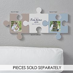 the pieces sold separately are arranged on the wall to make a puzzle piece photo display