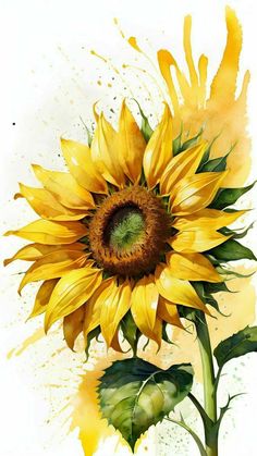 a painting of a sunflower with watercolor splashes on it's petals