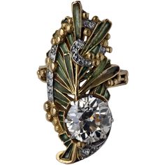 The extremely fine design & workmanship is typical of a René Lalique / Louis Aucoc creation. A superb example of the finest Parisian jewelers art from the 1900's in gold, plique-à-jour enamel & diamond. The stunning Japonism influenced design incorporates a sprig of flowering yew encompassed by a diamond studded C-scroll & set with a transitional brilliant cut 3.5 carat fancy champagne diamond, SI purity. The significance of the yew as a protector & token of the eternal has existed for over three thousand years & even to the present day has a powerful role in pharmacology. This ring is probably unique, a one off commissioned jewel. Fancy Champagne, Lalique Jewelry, Plique A Jour, Enamel Jewellery, Bijoux Art Nouveau, Art Nouveau Ring, Vintage Jewlery, Rene Lalique, Nouveau Jewelry