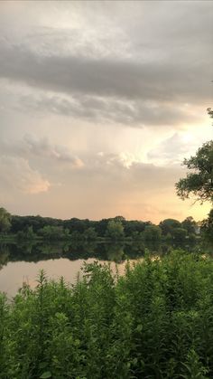 a lake surrounded by tall grass and trees under a cloudy sky with the sun peeking through the clouds