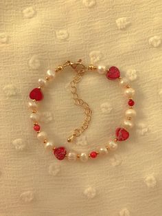 Cheap Dainty Bracelets With Heart Beads, Cheap Pearl Jewelry With Heart Beads, Cheap White Beaded Bracelets For Valentine's Day, Red And Gold Beaded Bracelet, Red Gold Bracelet, Beaded Bracelets With Pearls, Valentine Beaded Jewelry, Red Pearl Bracelet, Valentine Bracelets Beads