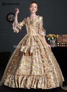 Renaissance Rococo Baroque Marie Antoinette Gown Victorian Dress     Condition: Brand New   Color:  Gold Floral   Material: This Rococo Marie Antoinette Gown is made of  High Quality Thick Brocade, soft and comfortable to wear   Sleeve Length: Half Sleeve   Dresses Length:Floor-Length   Neckline: Square Collar   Decoration: Ruffles + Lace + Bow   Style: This dress is perfect for civil war,victorian,medieval,regency,renaissance, wedding, cosplay, themed party, photograph, stage performa Fitted Victorian Baroque Dress In Marie Antoinette Style, Victorian Rococo Floor-length Costume Dress, Floor-length Victorian Rococo Dress Costume, Rococo Style Ruffled Costume Gown, Masquerade Party Dresses, Gown Victorian, Marie Antoinette Style Formal Floor-length Dress, Rococo Baroque, Victorian Dresses