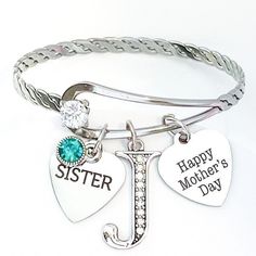 Welcome to my shop. Our personalized stainless steel adjustable Mothers Day bracelet bring elegance to any wrist. It has a stylish twisted wire style with a clear crystal. Our Mothers Day Bracelet makes a great personalized gift for a daughter, sister, friend, mother, bridesmaid, holiday, birthday, etc. JEWELRY DETAILS: *Handcrafted in the USA MATERIALS: *Stainless Steel *Silver Plating * Cubic Zirconia INCLUDES: *Sister Charm *Initial Charm *Mother's Day Charm *Colored Gem *Jewelry Box *Jewelry Unique Sister Gifts, Sister Mothers Day, Gifts Sister, Unique Gifts For Sister, Charmed Sisters, Sister Bracelet, Gem Jewelry, Gift Sister, Jewelry Details