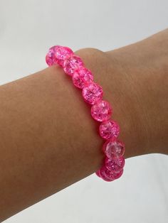 Chlid size bracelet, Pink plastic beads, with elastic band. Plastic Stretch Bracelet With Round Beads As Gift, Adjustable Beaded Bracelets As Gift, Adjustable Pink Stretch Bracelet With Large Beads, Plastic Beaded Bracelets For Gifts, Plastic Beaded Bracelets Perfect For Gifts, Plastic Stretch Bracelet With Round Beads For Gift, Handmade Plastic Bracelets With Round Beads, Plastic Beaded Bracelets As Gift, Handmade Round Bead Bracelets