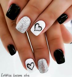 Black And White Nail, Short Square Nails, White Nail, Orange Nails, Fancy Nails, Short Acrylic Nails, Nail Arts, Valentine's Day Nails