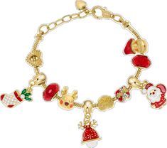 Gold Plated Crystal & Red Christmas Charm Bracelet - leathersilkmore.com Christmas Charm Bracelet Gift, Holiday Gift Charm Bracelet Adjustable, Gold Adjustable Charm Bracelet For Christmas, Affordable Christmas Charm Bracelet For Holidays, Christmas Festive Jewelry Charms, Whimsical Christmas, Christmas Charms, Red Christmas, Gold Plate