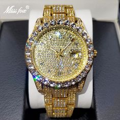 MISSFOX Men's Watches 18K Gold Full Diamond Luxury Quartz Watch For Man Waterproof Hip Hop Wristwatch Party Jewelly - Bekro's ART Icey Jewelry, Navy Suit Wedding, Watch For Man, Golden Watch, Magical Jewelry, Estilo Hip Hop, Moissanite Jewelry, Stylish Watches, Mens Luxury