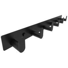 a black wall mounted shelf with three hooks on each side and two holes in the middle