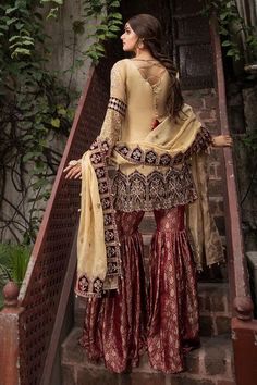 Designer Gharara Shirt for Party in Skin and Maroon Color – Nameera by Farooq