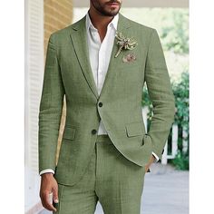 Category:Linen Suits; Embellishment:Pocket; Season:Spring, Fall, Winter, Summer; Fabric:Linen Blended; Front Closure:Single-Breasted Buttons; Includes:Pants,Jacket; Occasion:Wedding; Fit Type:Tailored Fit; Jacket Buttons:Single Breasted Two-buttons; Jacket Vents:Single (Center); Jacket Pockets:Straight Flapped; Pattern:Solid Colored; Listing Date:05/23/2024; Production mode:External procurement; Pant Length:null; Pants Waist:null; Shoulder Width:null; Sleeve Length:null; Bust:null; Hips:null; Cl Mens Wedding Vest Outfit, Garden Wedding Attire Men, Green Tuxedo With Suit Collar For Wedding, Fitted Groom's Suit With Pockets, Fitted Suit With Pockets For Groom, Elegant Blazer With Pockets For Groom's Wedding Attire, Fitted Wedding Suits With Pockets, Summer Groom Suit With Suit Collar, Groom's Suit With Suit Collar And Pockets