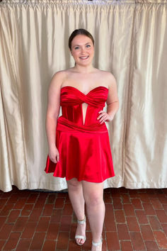 Red A-line Short Homecoming Dress Satin A-line Mini Dress With Ruched Bodice, Satin A-line Corset Dress With Corset Back, A-line Satin Corset Dress With Boned Bodice, Night Out A-line Corset Dress With Corset Back, A-line Corset Dress For Night Out, A-line Corset Dress With Corset Back For Night Out, Strapless Satin Dress With Pleated Bodice, Satin Mini Dress With Ruched Bodice In A-line Shape, Homecoming Satin Dress With Ruched Bodice