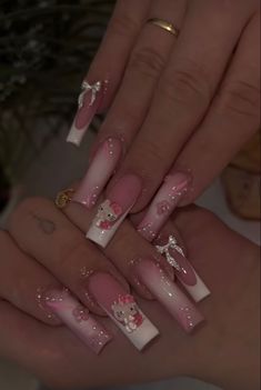 Clear Glitter Nails, Hello Kitty Nail, Kitty Nail, Lavender Nails, Cute Acrylic Nail Designs, Hello Kitty Nails, Blush Nails