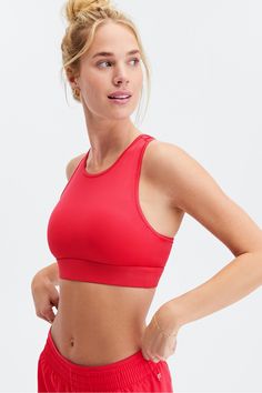 Trinity High Impact Sports Bra Fabletics red female Activewear >> Womens >> Sports Bras >> Sports Bra >> High Impact Knit regular Running/Training 4-Way Stretch/Breathable/Moisture-Wicking/Pockets/Removable Bra Cups Features innovative triple-pocket design Red High Stretch Sleeveless Sports Bra, Red Casual Activewear For Sports, Red Summer Training Activewear, Red Summer Activewear For Training, Red Summer Activewear For Running, Red Sports Bra For Summer Training, Red Activewear For Summer Running, Red Stretch Activewear For Summer, Red Summer Running Activewear