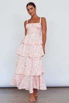 Shop the Provence Bloom Tiered Midi Dress Floral Orange | Selfie Leslie Pink Tiered Skirt Midi Dress For Garden Party, Summer Bridesmaid Maxi Dress With Smocked Back, Peach Ruffled Midi Dress For Garden Party, Spring Wedding Midi Dress With Tiered Skirt, Spring Wedding Tiered Midi Dress, Tiered Midi Dress For Spring Wedding, Sundress With Tiered Skirt For Garden Party, Feminine Midi Length Dress For Picnic, Spring Bridesmaid Tiered Dresses