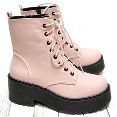 Update Your Wardrobe With These Stylish Platform Military Boots New In Box Vegan Leatherette Material Adjustable Laces Side Zipper For Easy Shoe Removal Lug Platform Sole Platform Height: Approximately 1.5 To 2.5 In., Depending On Size Heel Height: Approximately 2.75 In. Trendy Pink High-top Lace-up Boots, Trendy Pink Lace-up Boots For Fall, Casual Pink Flat Heel Boots, Pink Ankle-high Platform Boots For Fall, Pink Ankle Martin Boots For Winter, Fall Season Pink Ankle-high Platform Boots, Trendy Pink Lace-up Boots, Casual Pink Platform Boots For Fall, Pink Winter Lace-up Boots Casual