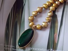 Freshwater Gold Pearl, Green Malachite Pendant Statement Necklace Gold Pearl Necklace With Gemstone Beads, Gold Pearl Necklace With Gemstone Beads Pendant, Green Stone Pendant, Green Pendant, Malachite Pendant, Green Pendants, Green Malachite, Gold Statement Necklace, Green Pearls