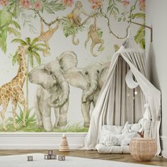 an elephant and giraffe mural in a child's bedroom