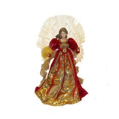 an angel figurine with gold and red accents