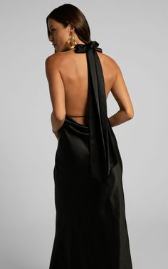 Aiyana Midi Dress - Halter Neck Satin Dress in Black | Showpo USA Sleek Halter Neck Dress With Tie Back, Sleek Tie Back Dress For Date Night, Sleek Tie-back Dress For Date Night, Satin Sleeveless Evening Dress For Black-tie Events, Sleek Halter Neck Midi Dress For Formal Occasions, Sleek Tie Back Dress For Night Out, Formal Silk Halter Dress With Tie Back, Satin Backless Dress With Bias Cut For Night Out, Sleek Tie-back Dress For Night Out