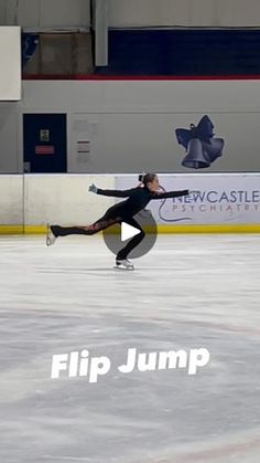 a man skating on an ice rink with the words flip jump in front of him