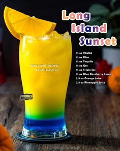 the long island sunset cocktail is served in a tall glass with an orange slice on top