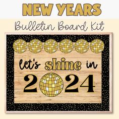 the new year bulletin board kit is shown with an image of a disco ball on it