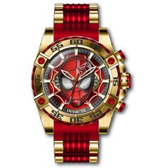 This impressive Invicta Marvel watch features a precise Quartz movement as well as a gold case. Its red, black, metal dial is enclosed by a highly protective Flame Fusion Crystal. This watch is finished by a strong red, gold, silicone, stainless steel band, and it offers 100 m water resistance. In collaboration with Marvel Studios, this masterful collection is comprised of famed superheroes and villains straight from the iconic comic books and motion pictures. Driven by exceptional engineering a Red Automatic Watches With Round Dial, Red Automatic Watch With Round Dial, Red Chronograph Watch With Metal Dial, Red Chronograph Watch With Subdials, Red Automatic Chronograph Watch With Round Dial, Formal Red Automatic Chronograph Watch, Red Watches With Subdials, Red Watches With Subdials And Round Dial, Red Watch With Subdials