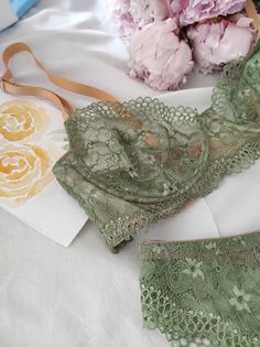 Green lingerie set    Adjustable gold straps. Brazilian panties classic fit. Elastic lace.  Sits well on the buttocks   The set can be worn daily and for special events. For example, on a date, a walk, a movie and anywhere.  Unusual color for your beauty   If you have any questions, write to me. I will help you choose the size and the most beautiful lingerie for you.  With love, Anastasia Green Lingerie Aesthetic, Green Lingerie Set, Lingerie Aesthetic, Floral Lingerie Set, Green Lingerie, Floral Lingerie, Handmade Lingerie, Elastic Laces, Green Lace