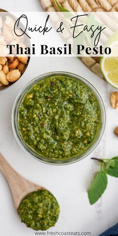 An overhead image of Thai Basil Pesto with a wooden spoon filled with pesto and peanuts in the corner. Thai Basil Pesto, Thai Basil Recipes, Vegan Dressing Recipes, Fresh Basil Recipes, Soy Sauce Rice, Herb Recipes, Thai Basil